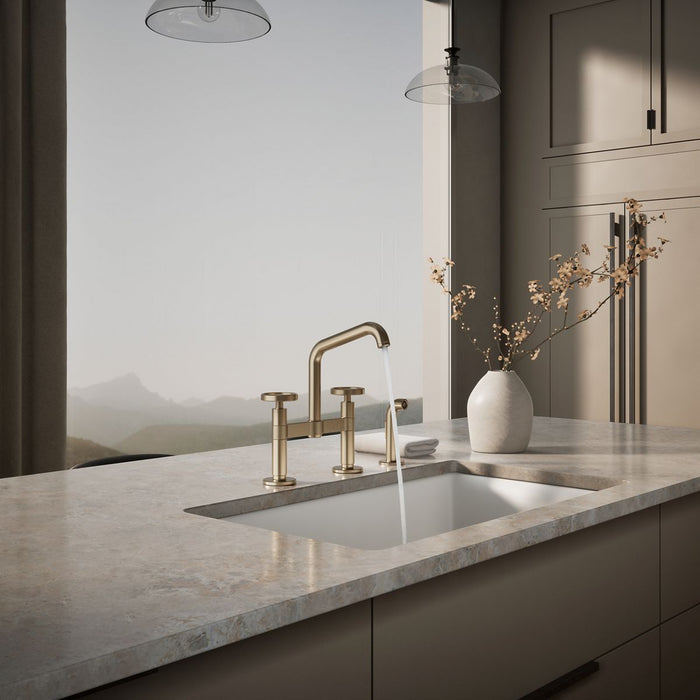 KOHLER K-28665-9 Billet Two-hole bridge kitchen sink faucet with side sprayer, vibrant brushed bronze - view 4