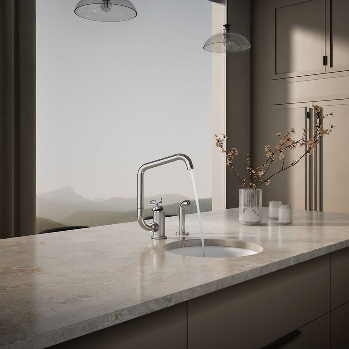 KOHLER K-28667-3 Billet Single-handle bar sink faucet with two-function extended-reach spout and side sprayer, polished...