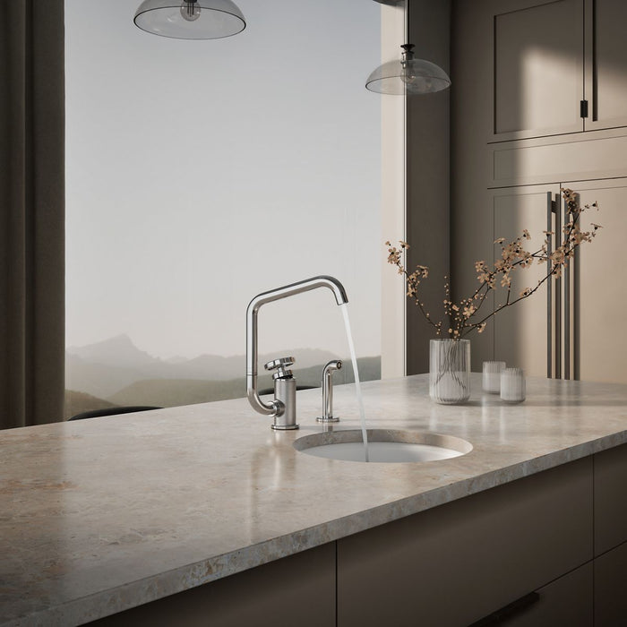 KOHLER K-28667-9 Billet Single-handle bar sink faucet with two-function extended-reach spout and side sprayer, polished...