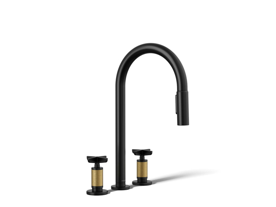 KOHLER K-28671-3 Billet Pull-down kitchen sink faucet with two-function sprayhead, matte black with brushed moderne brass
