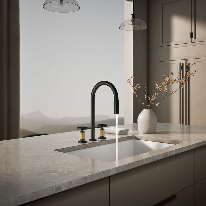 KOHLER K-28671-9 Billet Pull-down kitchen sink faucet with two-function sprayhead, matte black with brushed moderne brass...