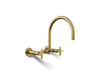 KOHLER K-28672-3 Billet Two-hole wall-mount bridge kitchen sink faucet, vibrant brushed moderne brass