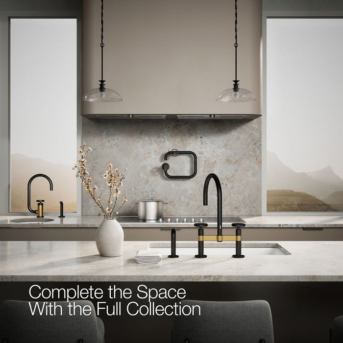 KOHLER K-28673-9 Billet Two-hole bridge kitchen sink faucet with side sprayer, matte black with brushed moderne brass -...