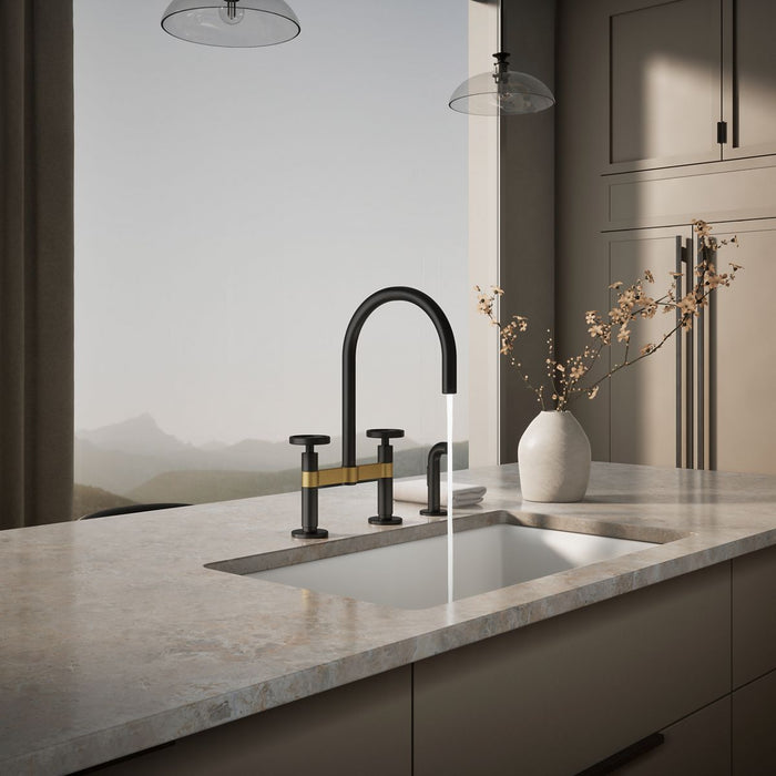 KOHLER K-28673-9 Billet Two-hole bridge kitchen sink faucet with side sprayer, matte black with brushed moderne brass -...