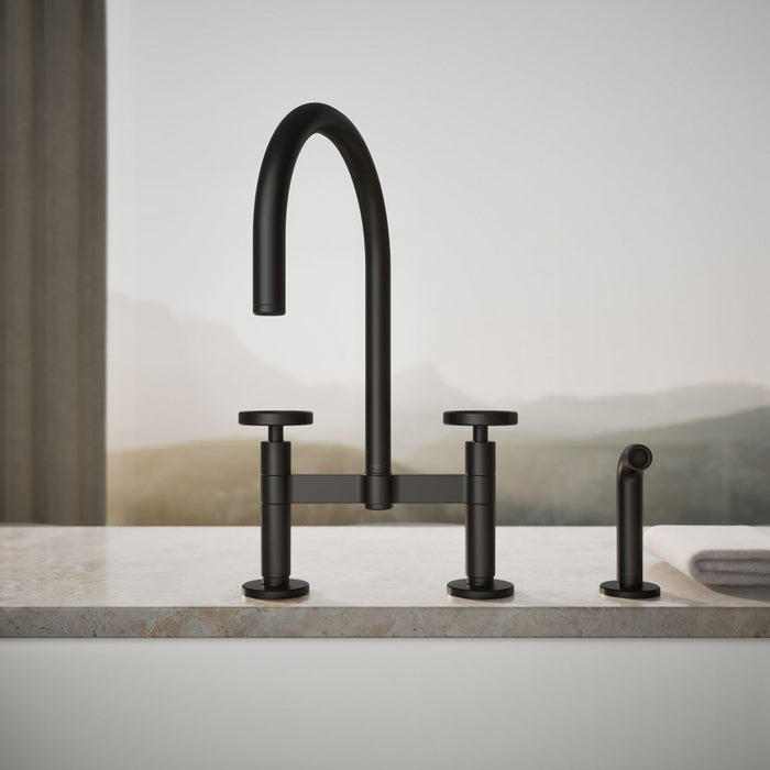 KOHLER K-28673-9 Billet Two-hole bridge kitchen sink faucet with side sprayer, matte black - view 4
