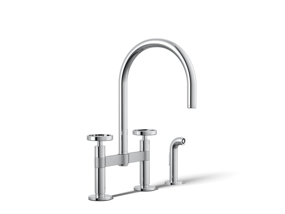 KOHLER K-28673-9 Billet Two-hole bridge kitchen sink faucet with side sprayer, polished chrome