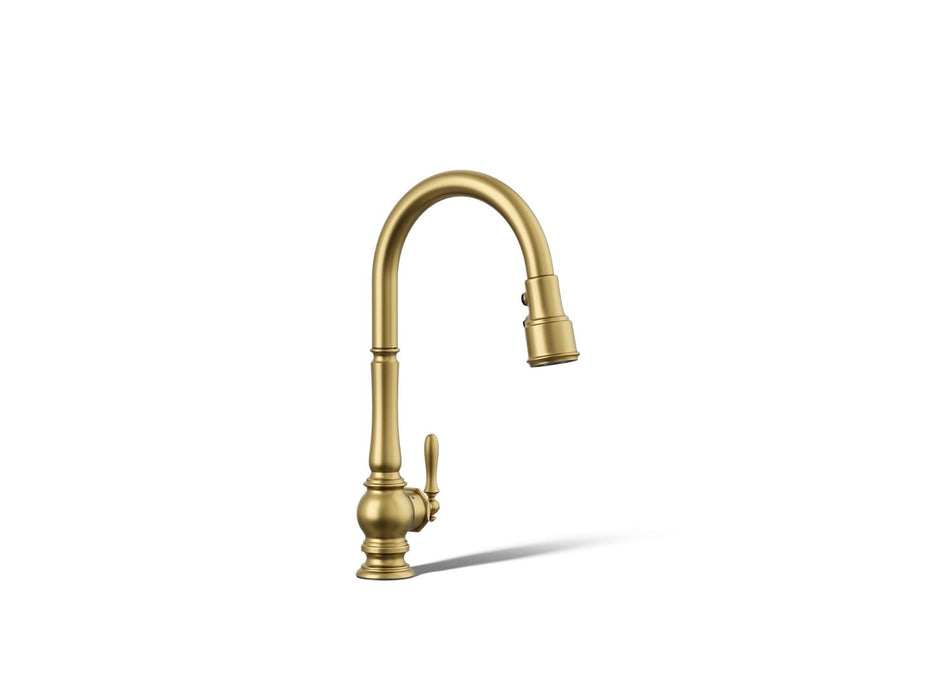 KOHLER K-29709 Artifacts Touchless pull-down kitchen sink faucet with three-function sprayhead, vibrant brushed moderne brass