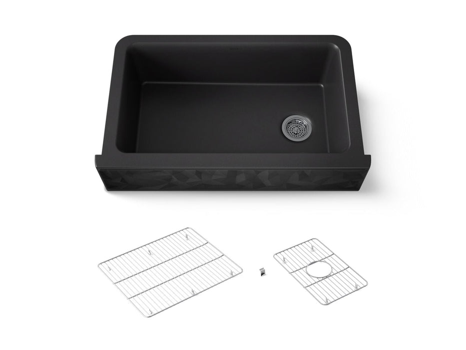 KOHLER K-29825 Cairn 34" undermount single-bowl farmhouse kitchen sink with faceted design, matte black
