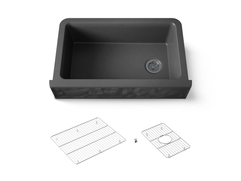 KOHLER K-29825 Cairn 34" undermount single-bowl farmhouse kitchen sink with faceted design