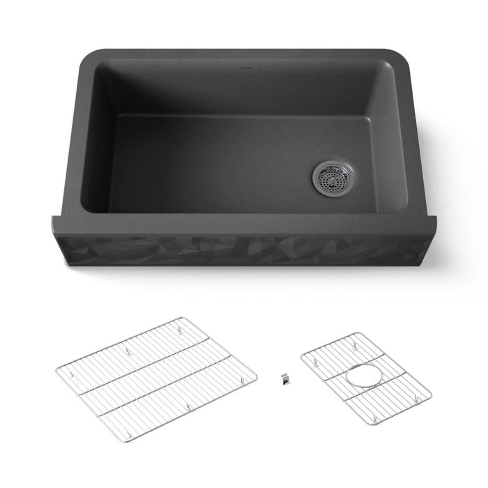 KOHLER K-29825 Cairn 34" undermount single-bowl farmhouse kitchen sink with faceted design