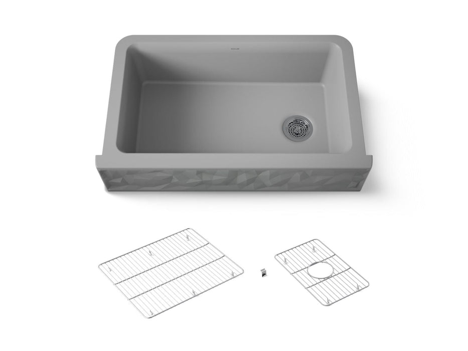 KOHLER K-29825 Cairn 34" undermount single-bowl farmhouse kitchen sink with faceted design, matte grey