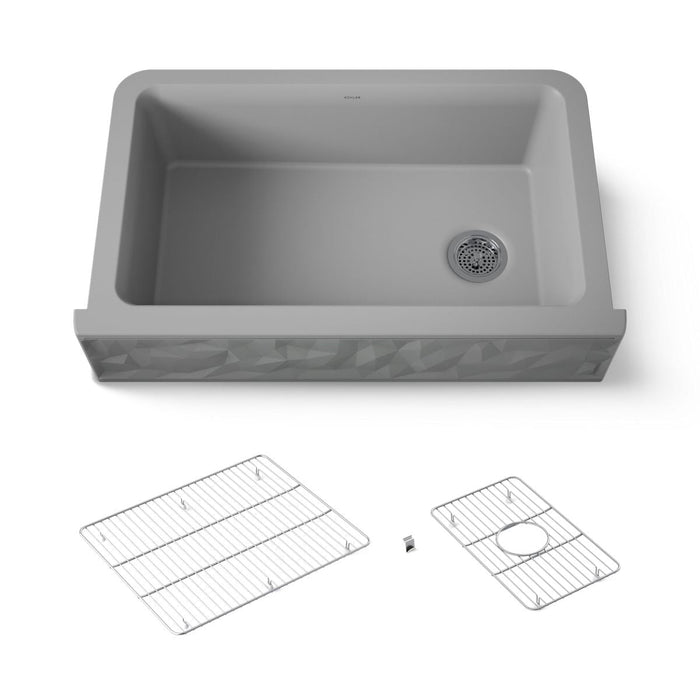 KOHLER K-29825 Cairn 34" undermount single-bowl farmhouse kitchen sink with faceted design