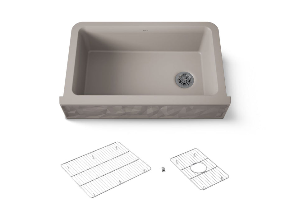 KOHLER K-29825 Cairn 34" undermount single-bowl farmhouse kitchen sink with faceted design, matte taupe