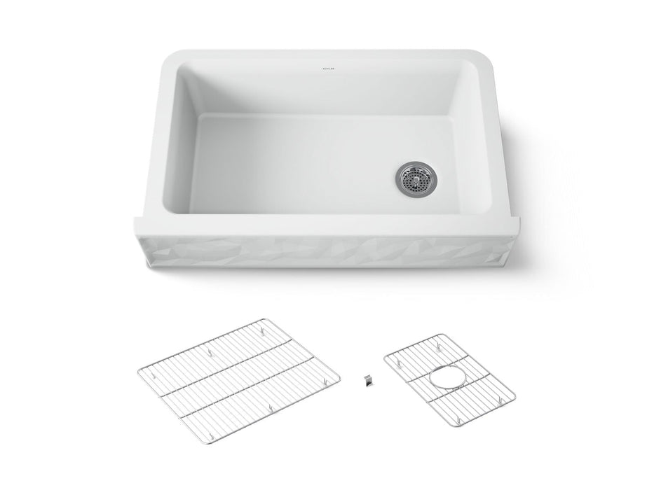 KOHLER K-29825 Cairn 34" undermount single-bowl farmhouse kitchen sink with faceted design, matte white