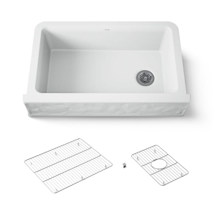 KOHLER K-29825 Cairn 34" undermount single-bowl farmhouse kitchen sink with faceted design, matte white - view 5