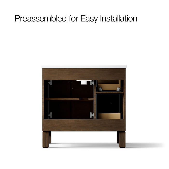 KOHLER K-31244-ASB Quo 36" Bathroom Vanity Cabinet with Sink and Quartz Top, Draper Oak - back view of product