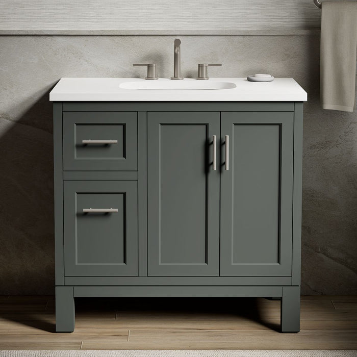 KOHLER K-31244-ASB Quo 36" Bathroom Vanity Cabinet with Sink and Quartz Top, Umbral Green - Shows close up detail of product 
