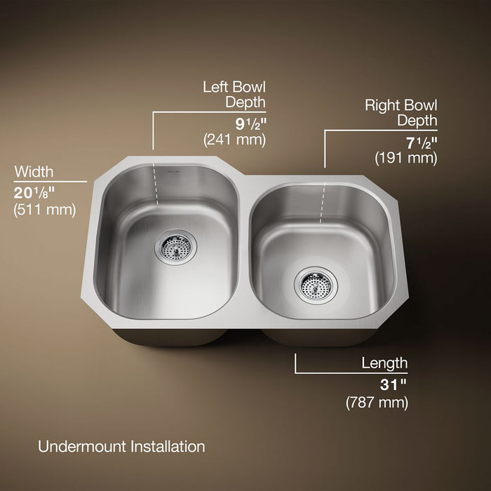 KOHLER K-3150 Undertone 31" undermount double-bowl kitchen sink, stainless steel - view 5