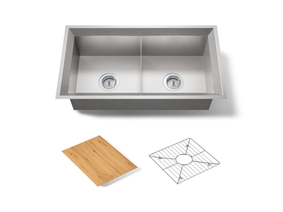 KOHLER K-3159-NA Poise 33" x 18" x 9-1/2" Undermount double-equal bowl kitchen sink, includes cutting board and rack,...
