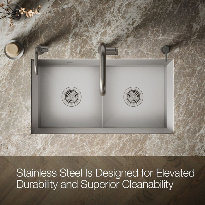 KOHLER K-3159-NA Poise 33" x 18" x 9-1/2" Undermount double-equal bowl kitchen sink, includes cutting board and rack,...