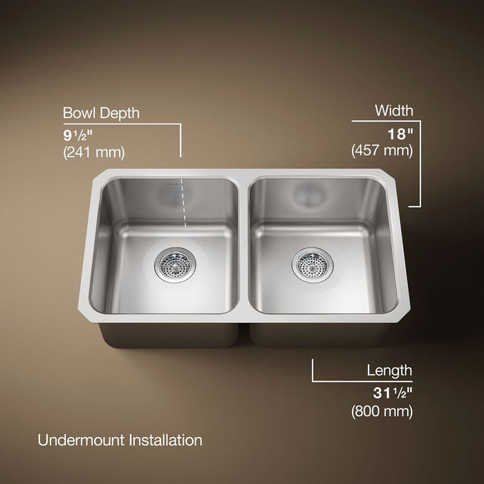 KOHLER K-3171 Undertone 31-1/2" undermount double-bowl kitchen sink, stainless steel - view 5