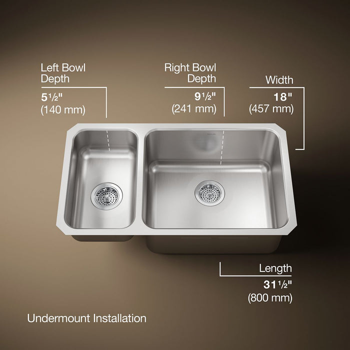 KOHLER K-3174-L Undertone 31-1/2" undermount double-bowl kitchen sink, stainless steel - view 5
