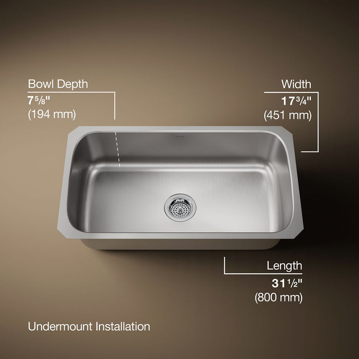 KOHLER K-3183 Undertone 31-1/2" undermount single-bowl kitchen sink, stainless steel - view 5