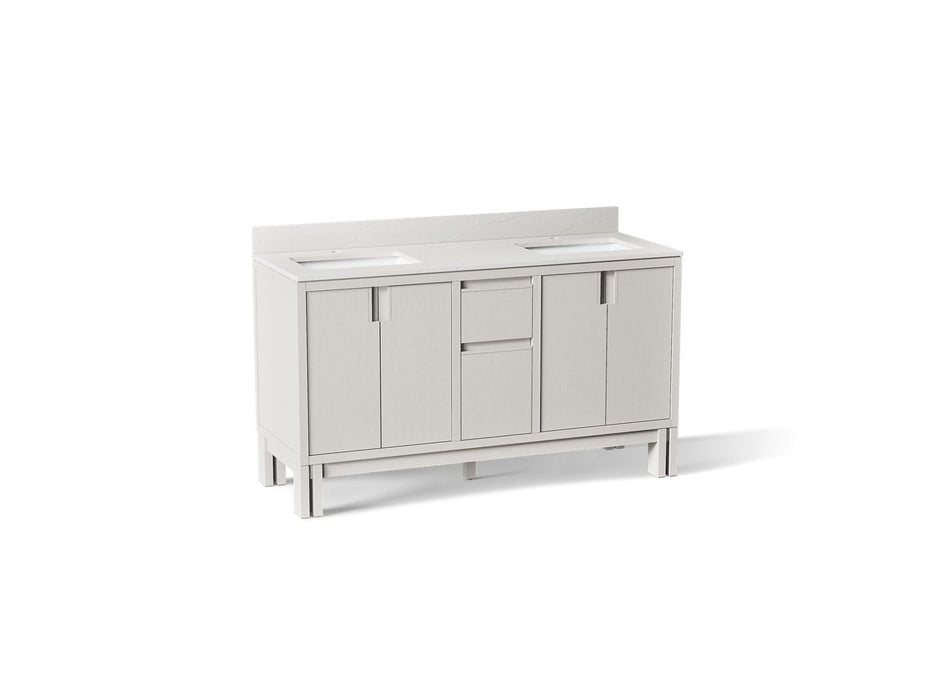 KOHLER K-32840 Solive 60" bathroom vanity cabinet with sinks and quartz top, gossamer white
