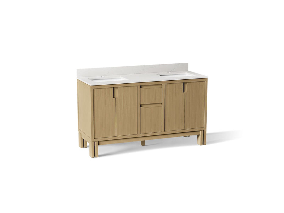 KOHLER K-32840 Solive 60" bathroom vanity cabinet with sinks and quartz top, light oak