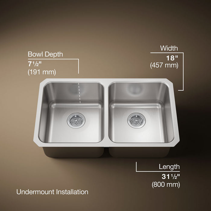 KOHLER K-3350 Undertone 31-1/2" undermount double-bowl kitchen sink, stainless steel - view 5
