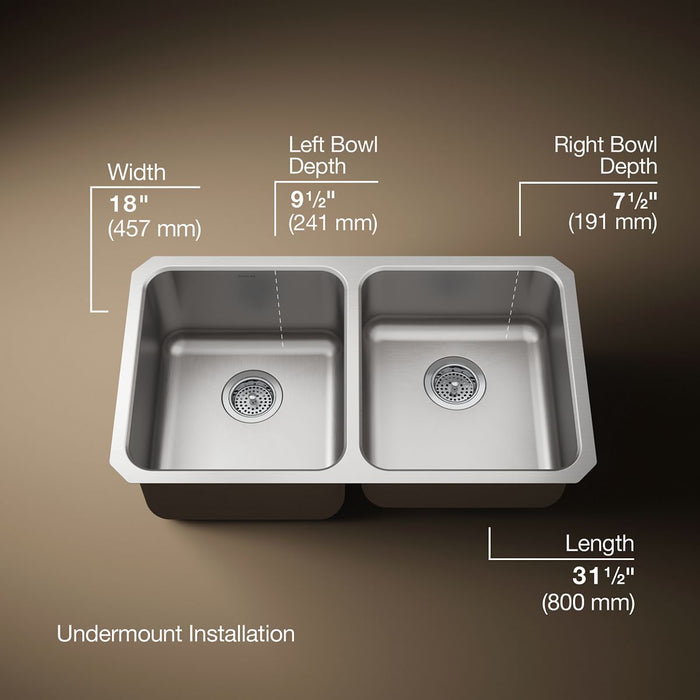 KOHLER K-3351 Undertone 31-1/2" undermount double-bowl kitchen sink, stainless steel - view 4