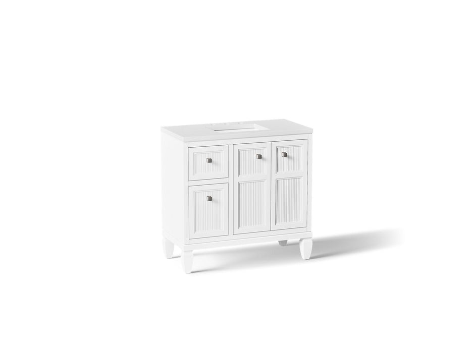 KOHLER K-33537-ASB Hearthaven 36" bathroom vanity cabinet with sink and quartz top, white
