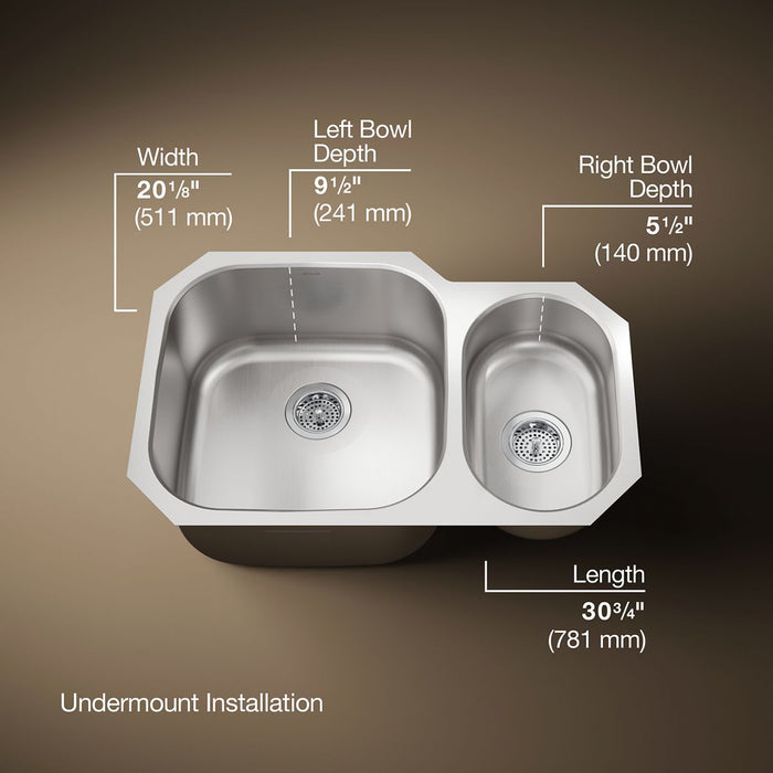 KOHLER K-3355 Undertone 30-3/4" undermount double-bowl kitchen sink, stainless steel - view 5