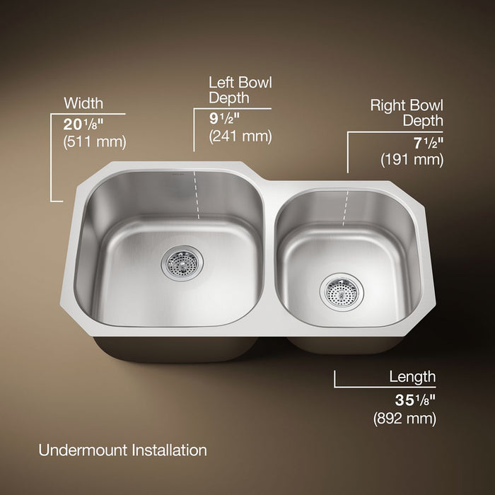 KOHLER K-3356 Undertone 35-1/4 undermount double-bowl kitchen sink, stainless steel - view 5