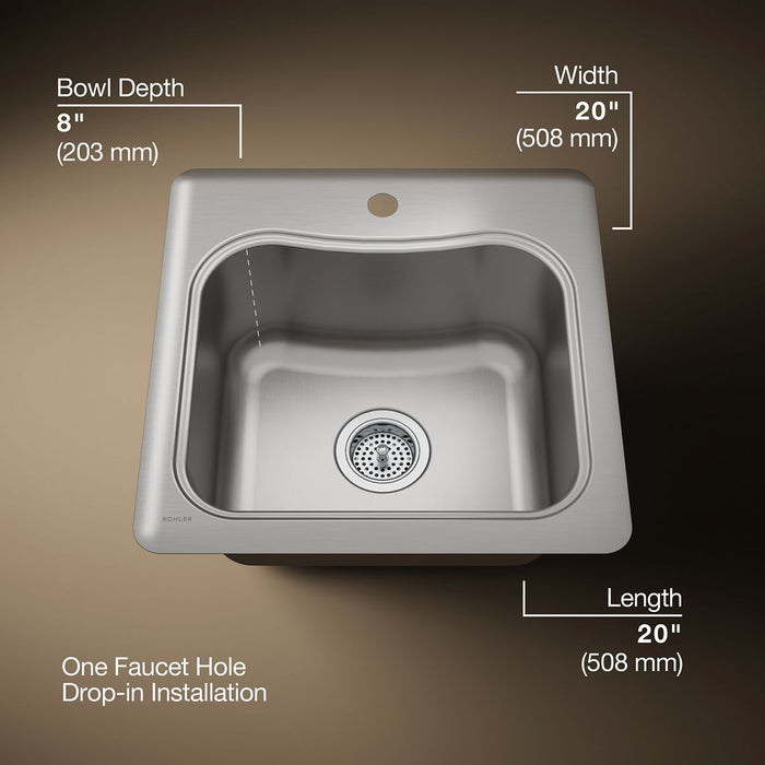 KOHLER K-3363-1 Staccato 20" top-mount single-bowl bar sink, stainless steel - view 4