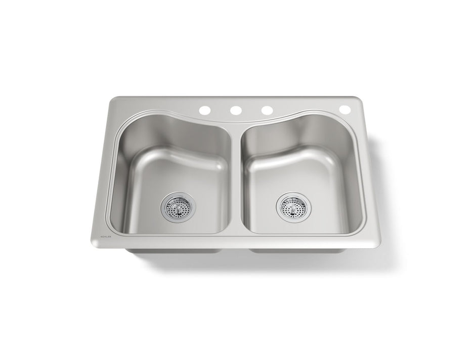 KOHLER K-3369-4 Staccato 33" top-mount double-bowl kitchen sink, stainless steel