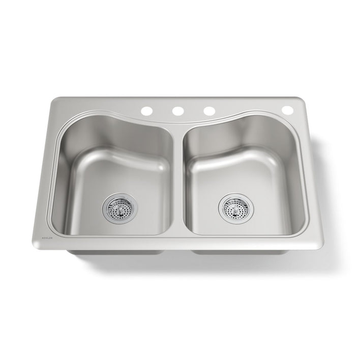 KOHLER K-3369-4 Staccato 33" top-mount double-bowl kitchen sink, stainless steel - view 5