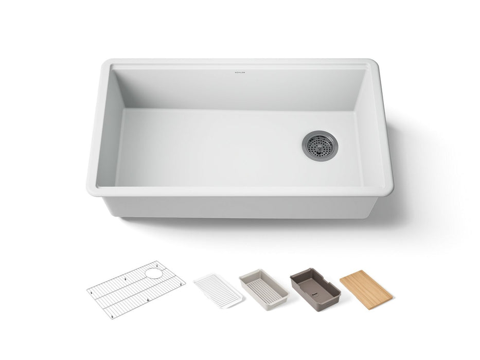 KOHLER K-33710 Billings™ 32-1/2" Undermount Single-bowl Workstation Kitchen Sink, matte white