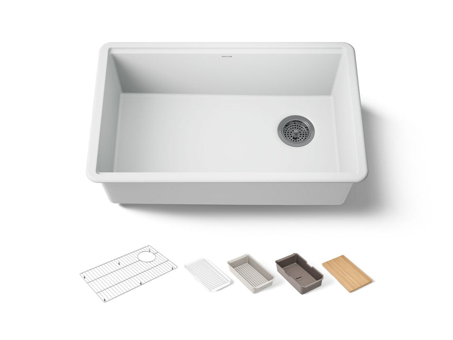 KOHLER K-33712 Billings™ 29" Undermount Single-bowl Workstation Kitchen Sink, matte white