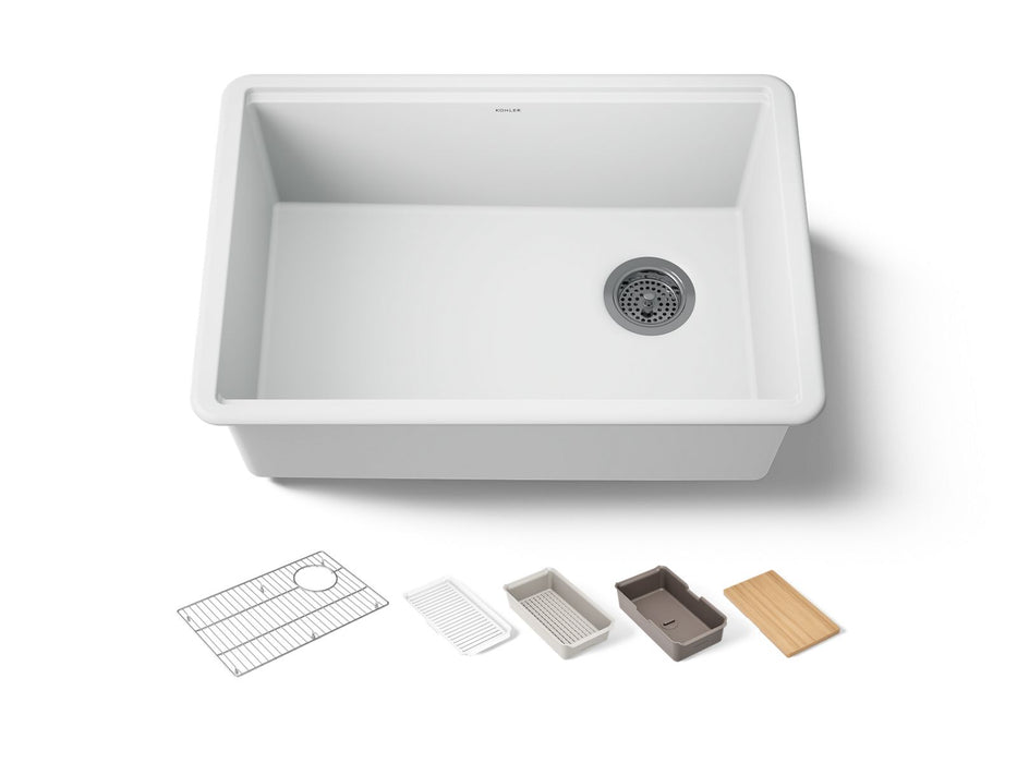 KOHLER K-33713 Billings™ 27" Undermount Single-bowl Workstation Kitchen Sink, matte white