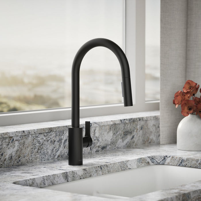 KOHLER K-34906 Elate Pull-down Kitchen Sink Faucet with Two-function Sprayhead, Matte Black - Shows close up detail of produc