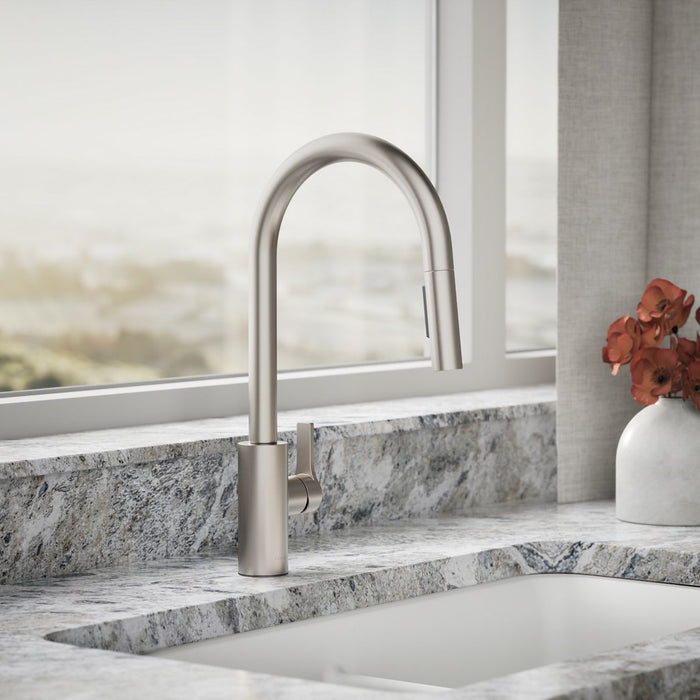 KOHLER K-34906 Elate Pull-down Kitchen Sink Faucet with Two-function Sprayhead, Vibrant Stainless - Shows close up detail of 