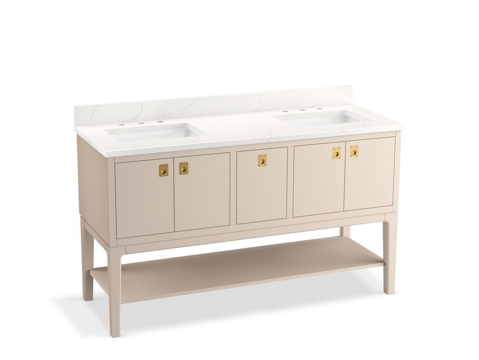 KOHLER K-35028 Seagrove by Studio McGee 60" bathroom vanity cabinet with sinks and quartz top, light clay