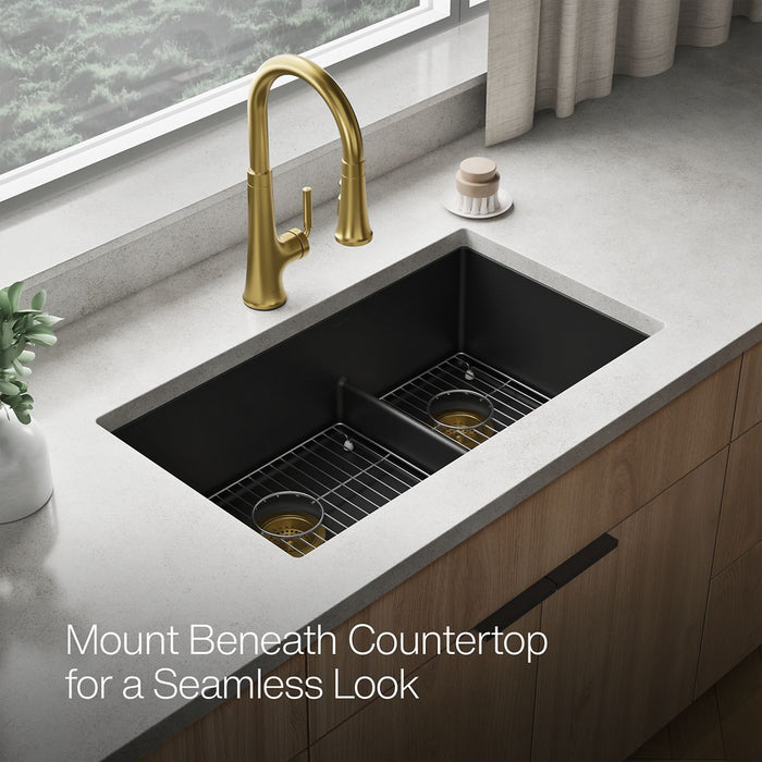 KOHLER K-36749 Billings 32-1/2" Undermount Double-bowl Kitchen Sink, Matte Black - image focused on single product story