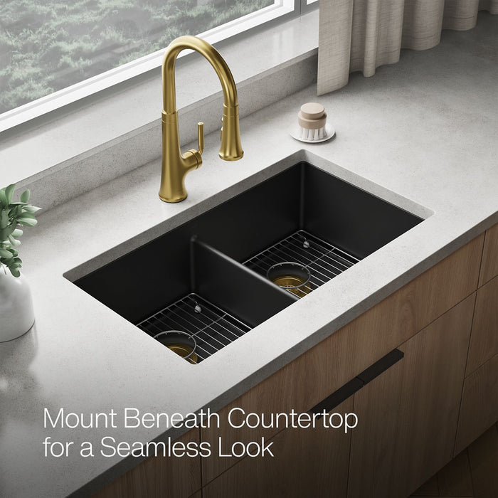 KOHLER K-36750 Billings 32-1/2" Undermount Double-bowl Kitchen Sink, Matte Black - image focused on single product story