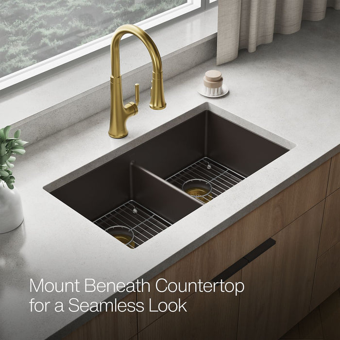 KOHLER K-36750 Billings 32-1/2" Undermount Double-bowl Kitchen Sink, Matte Brown - image focused on single product story
