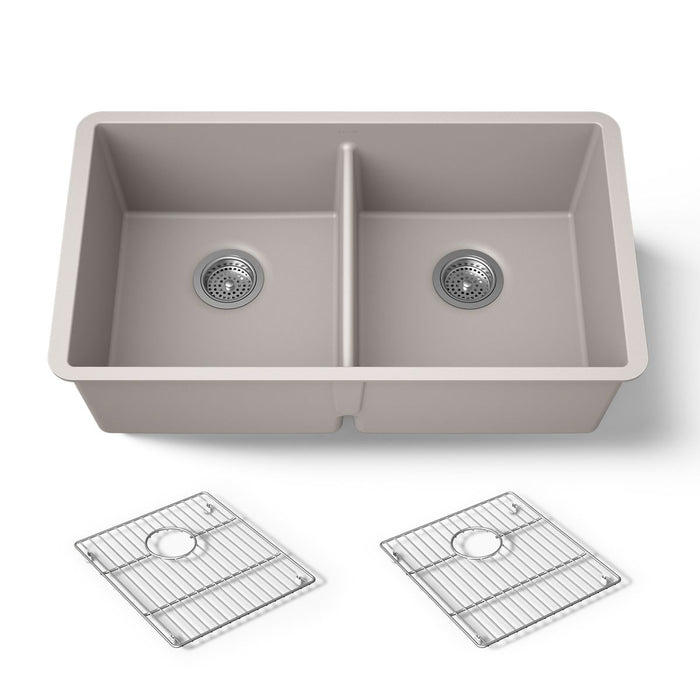 KOHLER K-36750 Billings 32-1/2" Undermount Double-bowl Kitchen Sink, Matte Taupe - 3/4 view of product