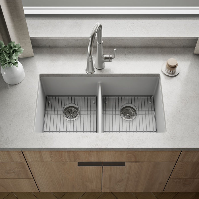 KOHLER K-36750 Billings 32-1/2" Undermount Double-bowl Kitchen Sink, Matte White - Shows close up detail of product in room