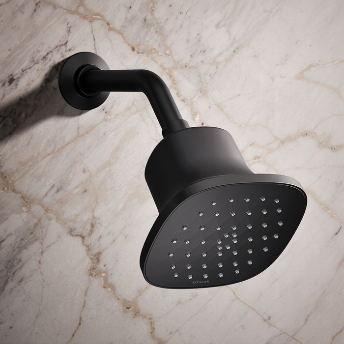 KOHLER K-37722-Y Cinq Square Single-function Filtered Showerhead, 2.5 GPM, Matte Black - Shows close up detail of product in 