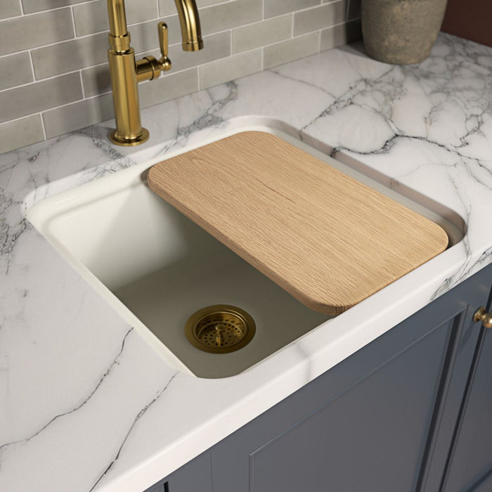 KOHLER K-37818 White Oak Cutting Board for Audrine Kitchen Sink - Shows close up detail of product in room